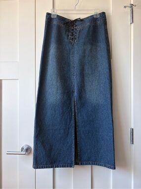 Smart Set Dark Blue Denim Maxi Skirt with Front Lace-Up